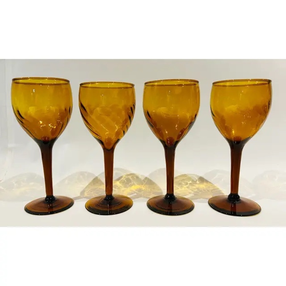 Vintage Amber Mexican Swirl Wine Glass Set